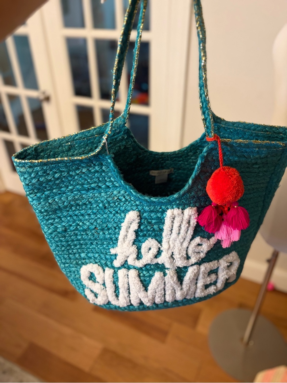 Teal 'Hello Summer' Straw Tote with Pom Pom Charm